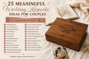 25 meaningful wedding keepsake ideas for couples featuring a personalized wooden wedding memory box, wedding photo, flowers, rings, and romantic keepsake details.