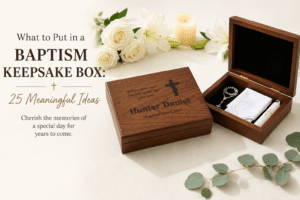 Baptism keepsake box with meaningful items to preserve a child’s baptism memories