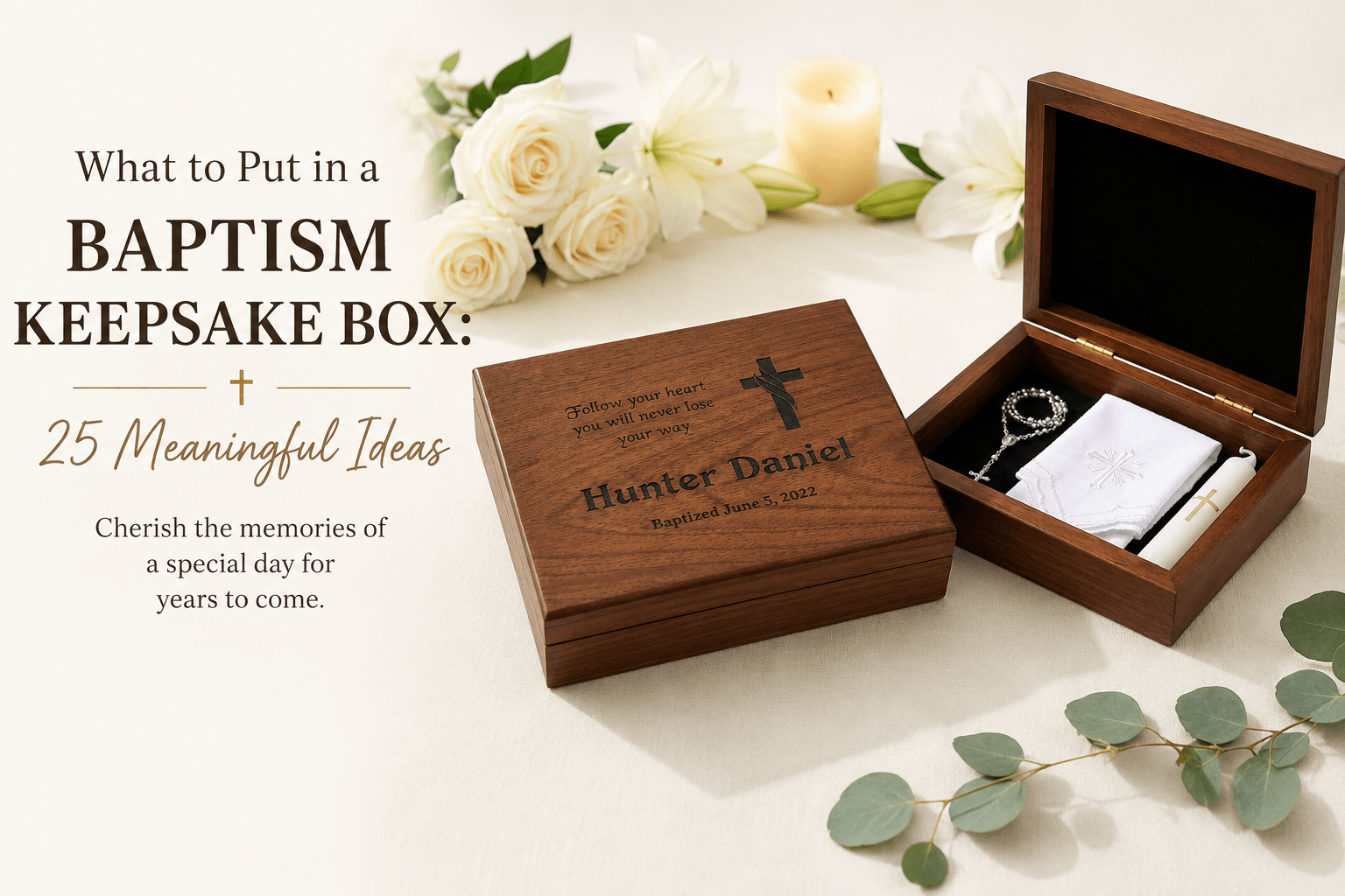 Baptism keepsake box with meaningful items to preserve a child’s baptism memories