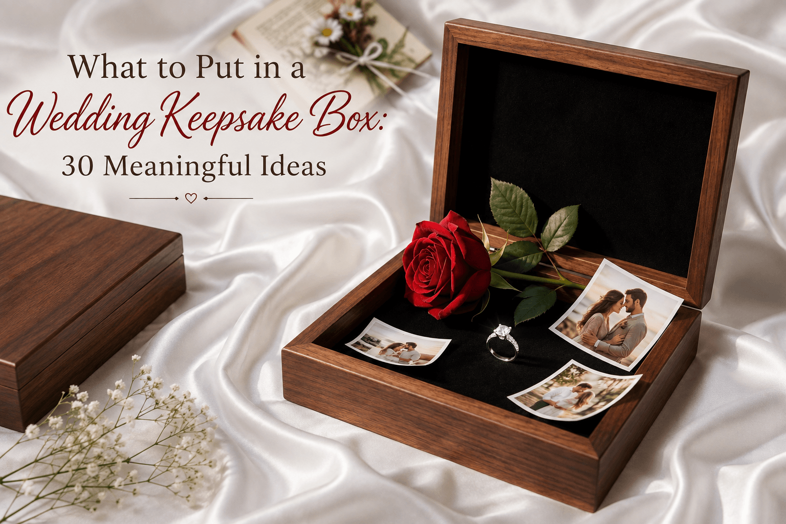 Personalized walnut wedding keepsake box with wedding memories, photographs, and keepsakes