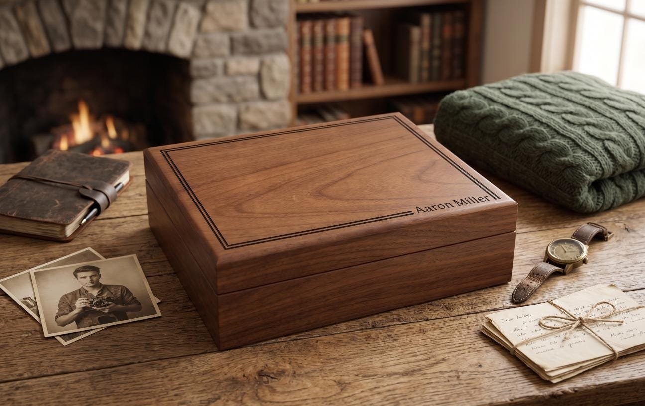 A decorative walnut box with a lid, designed as a gift for a husband's birthday celebration.