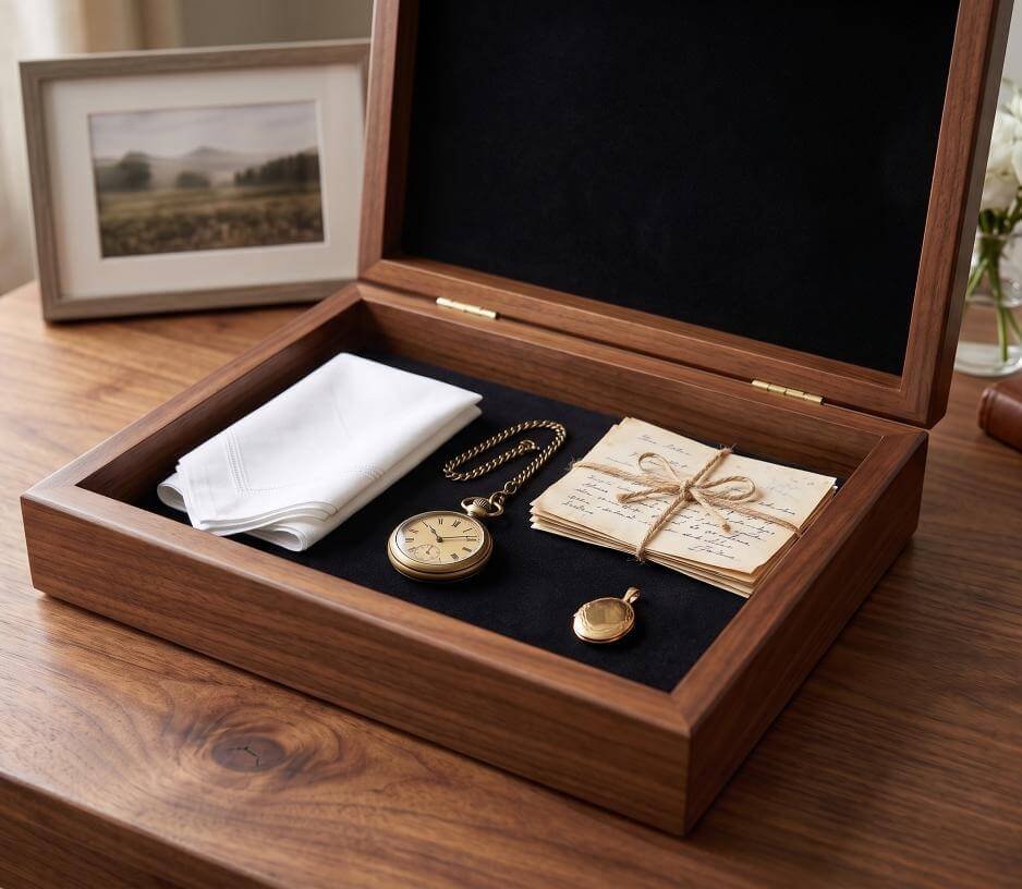 A personalized keepsake box designed for men, featuring a sleek exterior and custom engraving for sentimental storage.