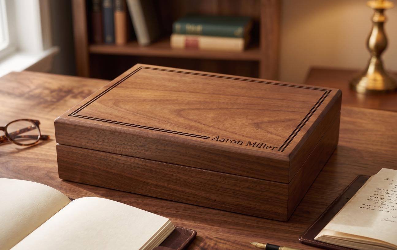 Elegant men's memory box made of wood, showcasing detailed craftsmanship and a smooth surface for storing keepsakes.