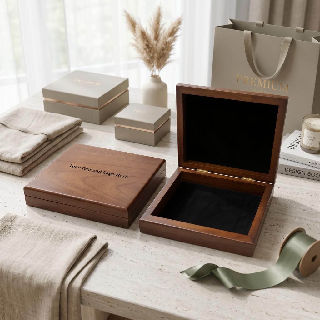 Corporate gift: engraved wooden box with custom logo.
