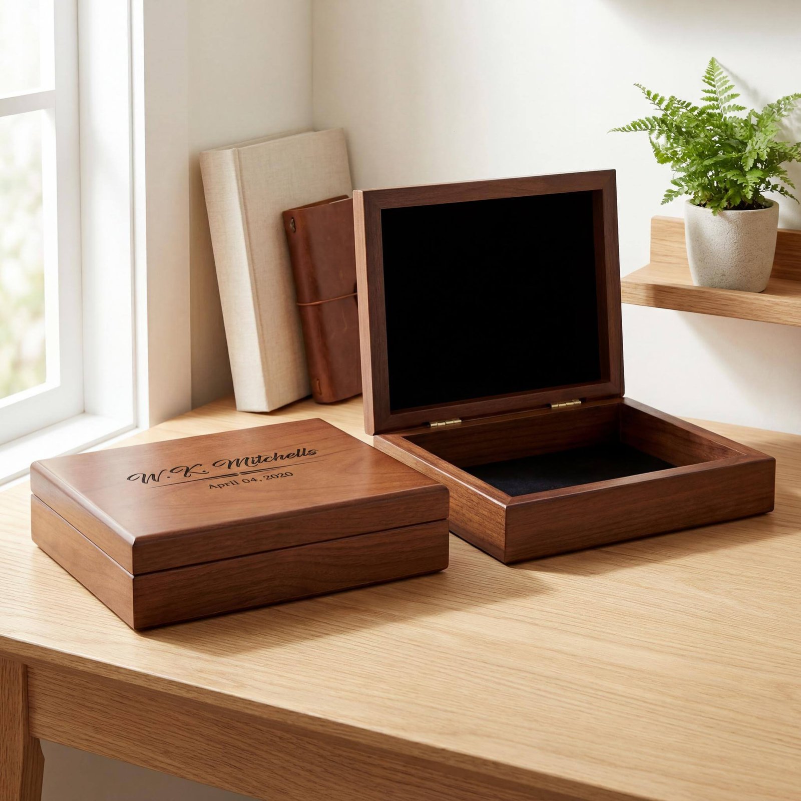 Personalized wooden box with engraved initials: offering a distinctive and elegant storage solution.