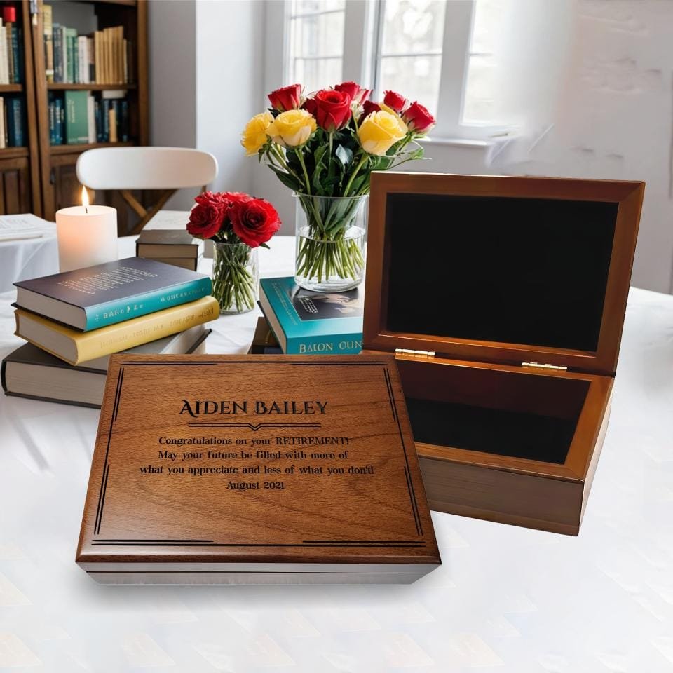 Customized retirement memory box with engraved details. Perfect for preserving special mementos.