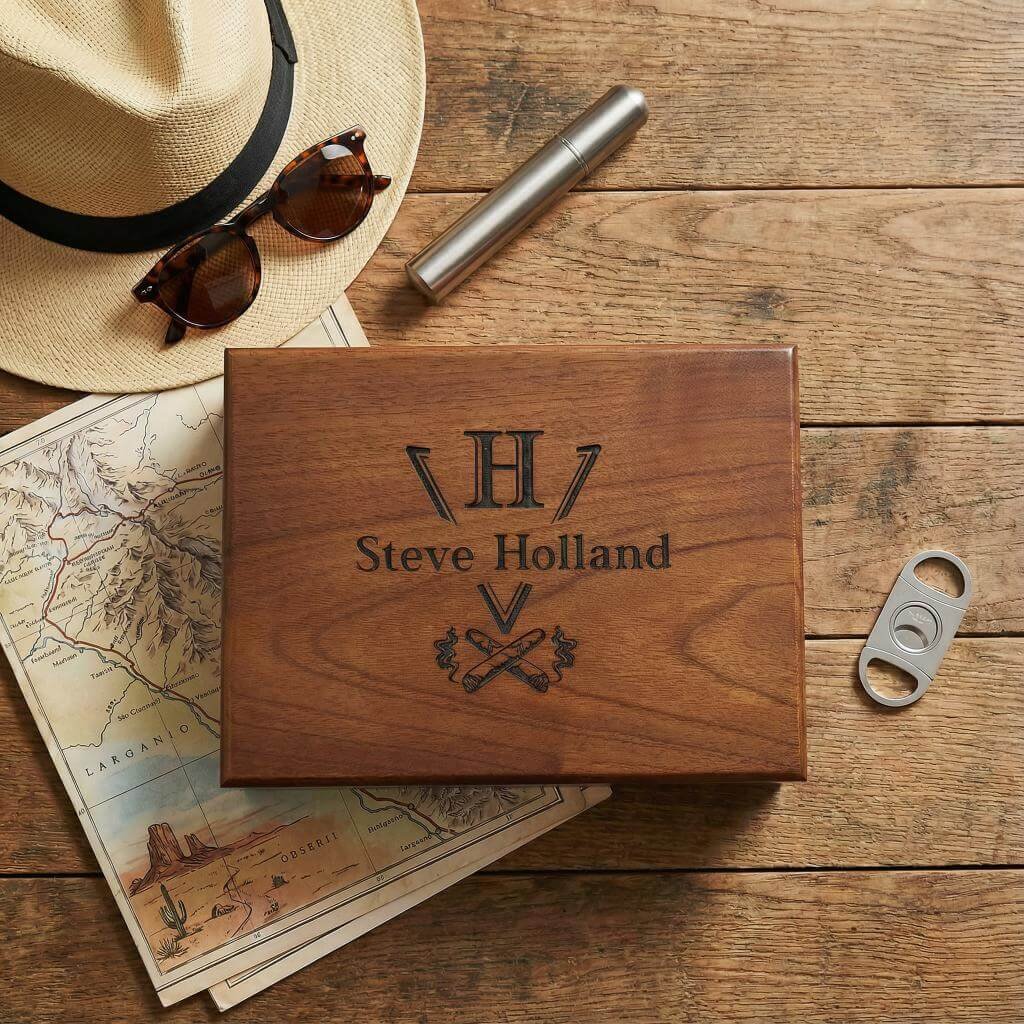 personalized cigar box: showcasing detailed initials engraved on top, perfect for aficionados