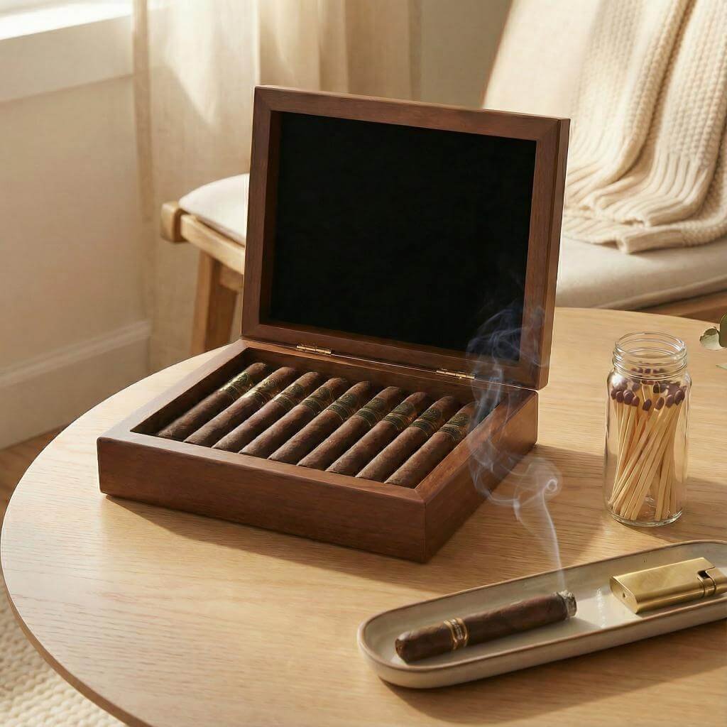 Personalized cigar box with engraved initials.