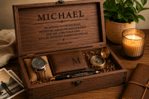 Personalized engraved wooden keepsake box with meaningful gifts and treasured memories