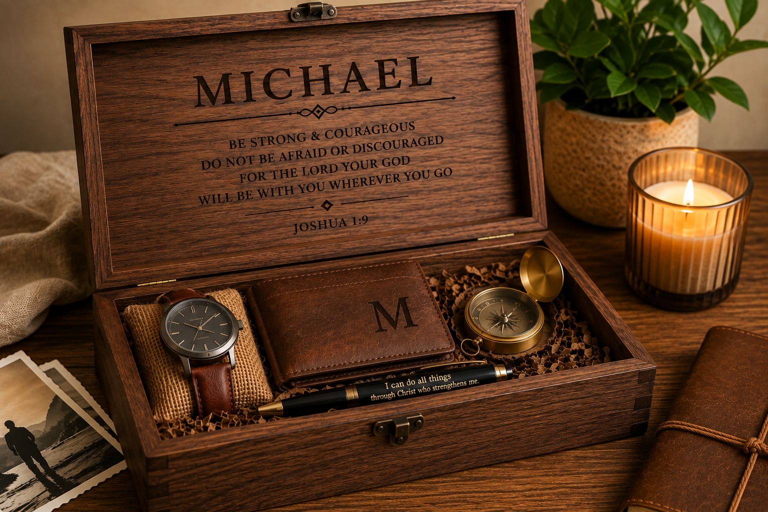 Personalized engraved wooden keepsake box with meaningful gifts and treasured memories