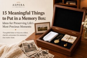 Personalized wooden memory box filled with photographs, letters, a pocket watch, and meaningful keepsakes