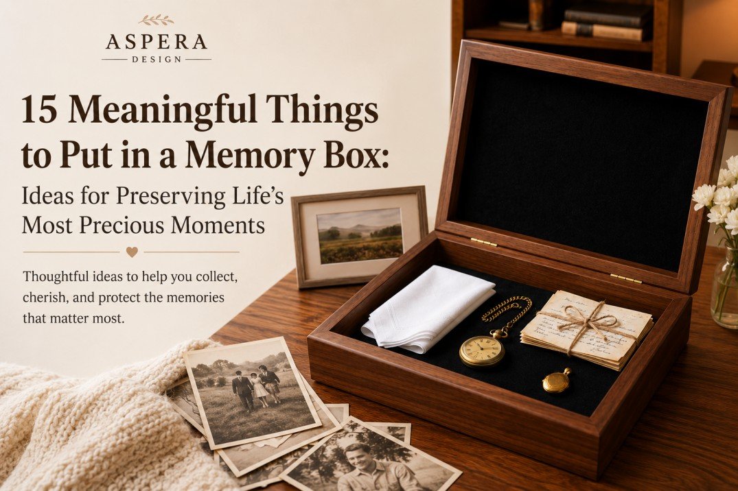 Personalized wooden memory box filled with photographs, letters, a pocket watch, and meaningful keepsakes