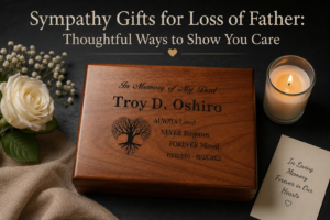Sympathy gifts for loss of father featuring a personalized memorial keepsake box, candle, and white rose