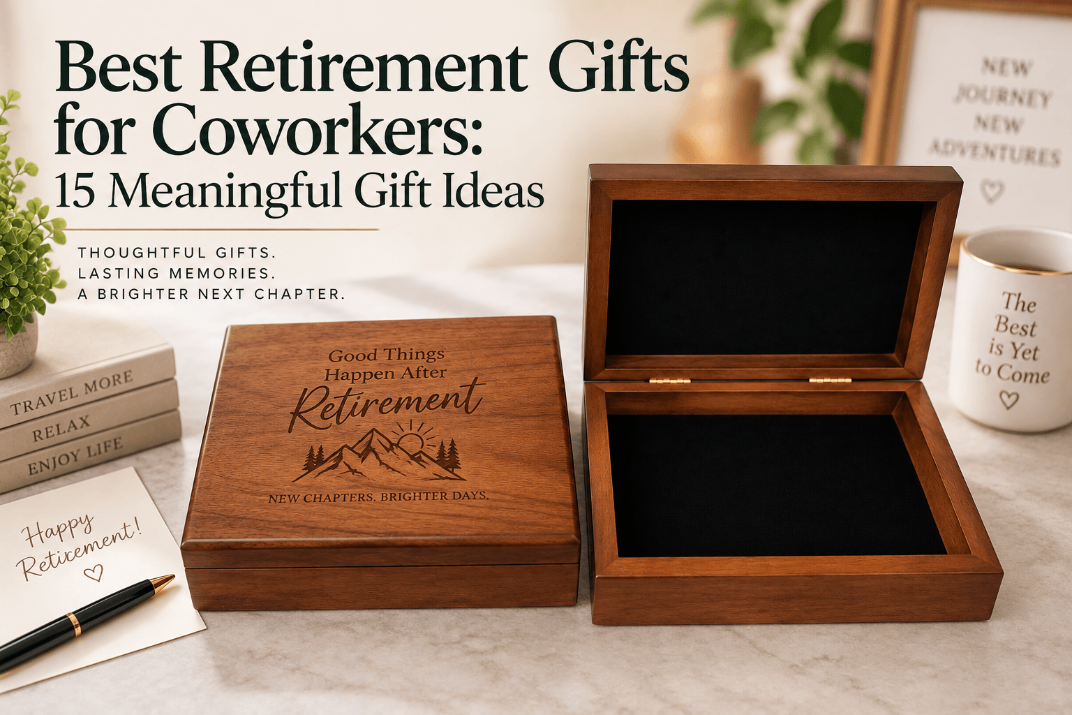 Personalized wooden retirement keepsake box with engraved lid, shown closed beside an open box with black velvet lining, featured with retirement gift ideas for coworkers.