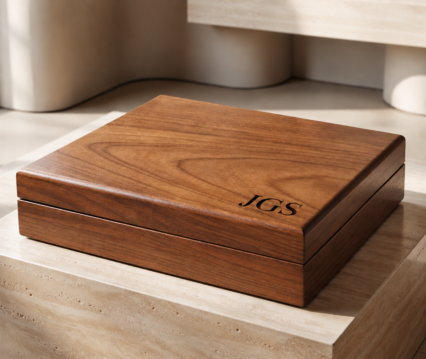 Engraved wooden memory box for men filled with personal keepsakes and meaningful treasures