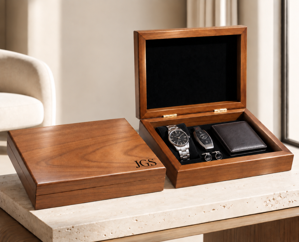 Personalized wooden keepsake box for men with engraved lid and space for treasured belongings