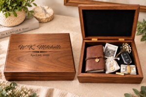 Personalized walnut memory box with engraved name and keepsakes