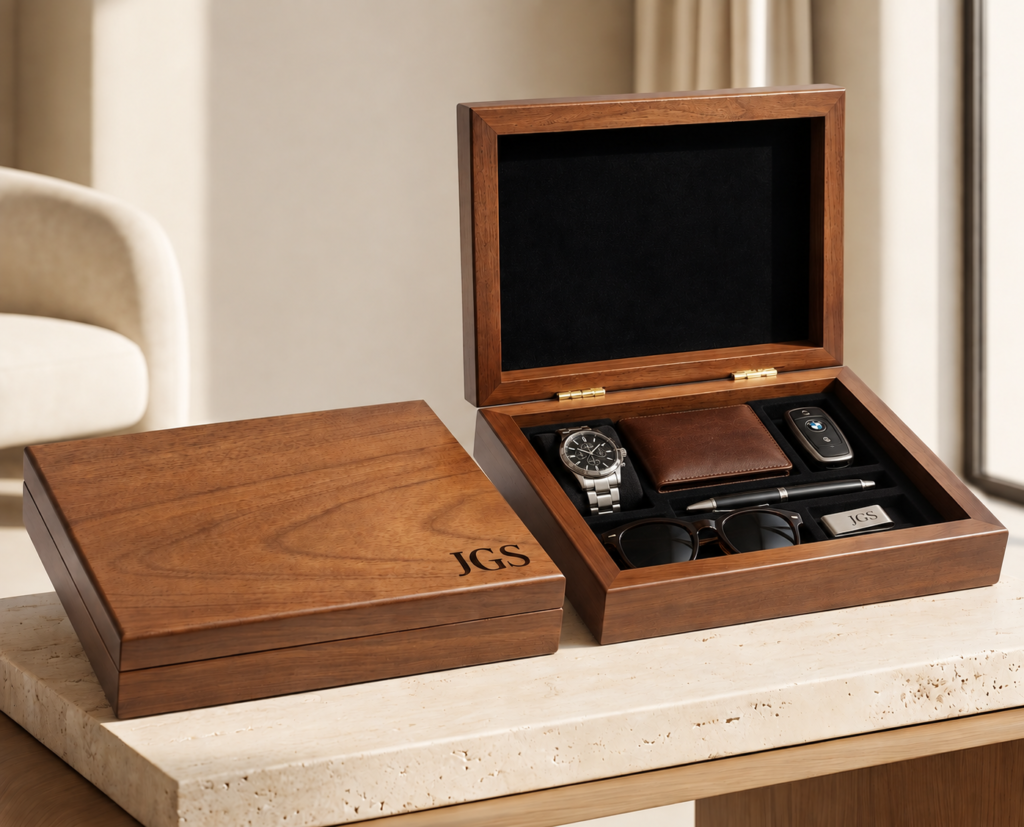 Personalized wooden keepsake box for men with engraved lid and space for treasured belongings
