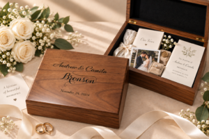 Personalized walnut wedding keepsake box with engraved names, wedding date, vows, photos, and wedding mementos
