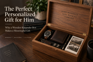 Personalized wooden keepsake box filled with treasured belongings and memories, including a watch, wallet, keys, pen, cufflinks, and photographs.