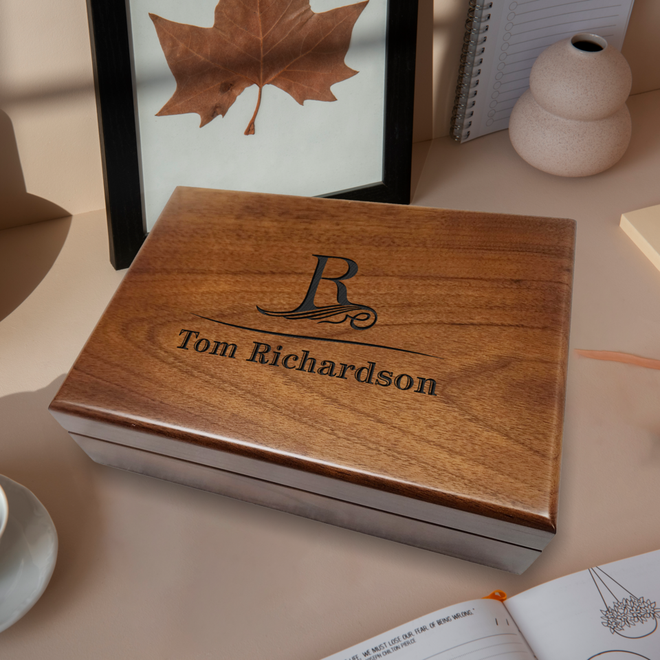Personalized wooden memory box for storing treasured keepsakes