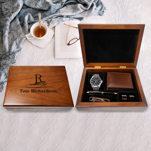 Engraved wooden keepsake box with personalized lettering