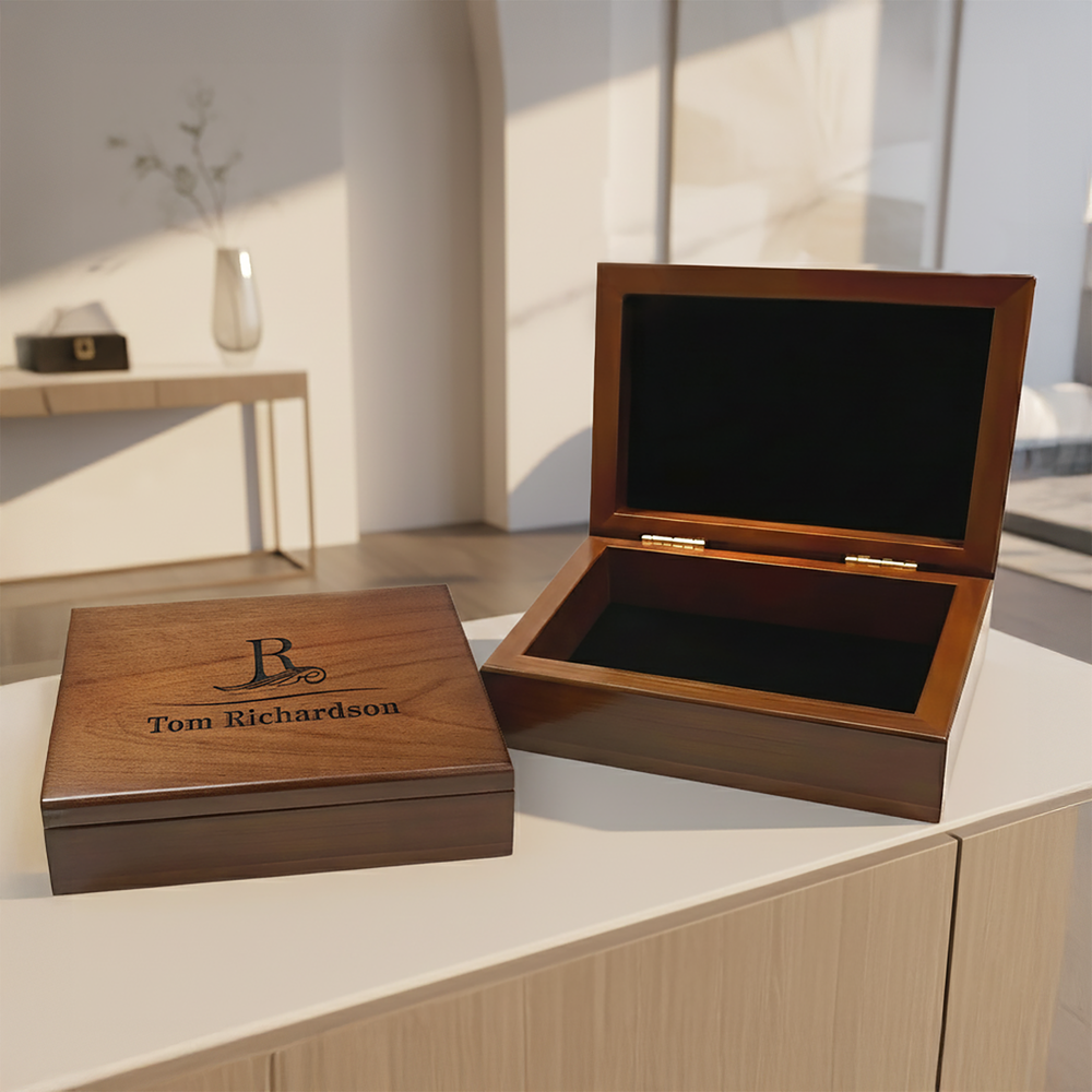Custom wooden gift box with personalized engraved details
