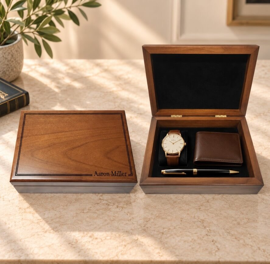 Engraved wooden keepsake box personalized with a name, ideal gift for men