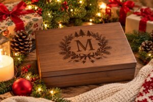 Personalized walnut wooden keepsake box with an engraved monogram wreath, surrounded by Christmas decorations and warm festive lights.
