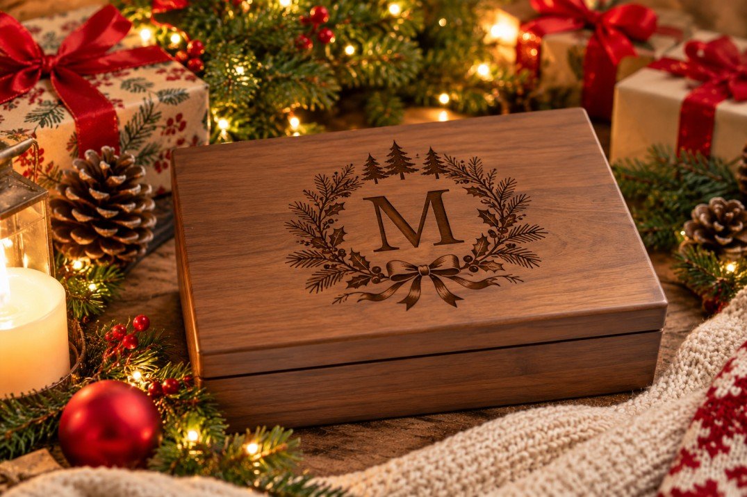 Personalized walnut wooden keepsake box with an engraved monogram wreath, surrounded by Christmas decorations and warm festive lights.