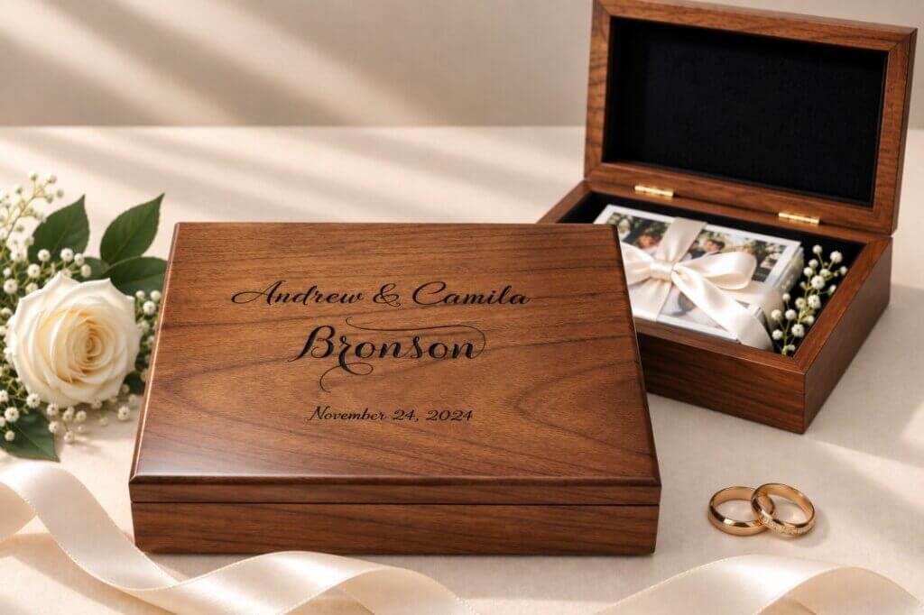 Engraved walnut wedding memory box for couples and cherished wedding keepsakes