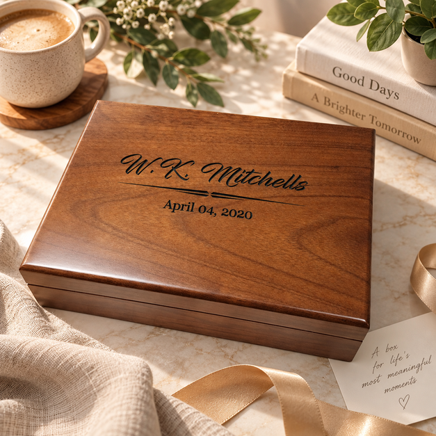 Personalized engraved walnut keepsake box for storing jewelry, photos, letters, and special mementos