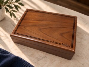 Engraved walnut wooden keepsake box personalized with a name, displayed on a wooden desk beside an open memory box.