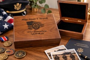 Personalized walnut military retirement keepsake box with Army engraving.