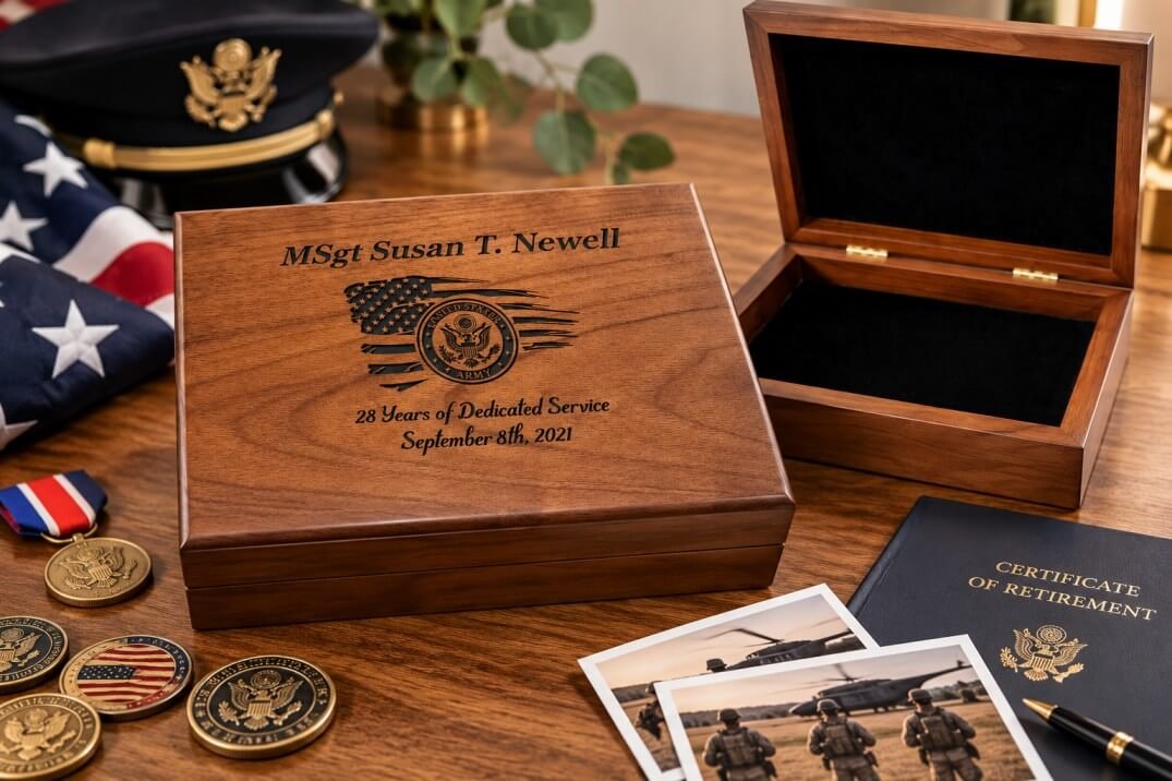 Personalized walnut military retirement keepsake box with Army engraving.