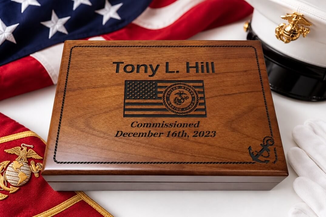 Personalized military retirement keepsake box engraved for Army, Navy, Air Force, Marine Corps, and Coast Guard veterans.