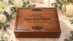 Personalized walnut memorial keepsake box engraved with a loved one's name and dates, a meaningful sympathy gift for grieving families