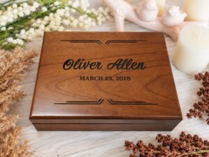 Personalized walnut keepsake box engraved with a name, a thoughtful gift for a husband