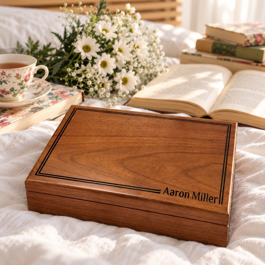 Personalized men's walnut memory box with engraved name, meaningful Christmas present