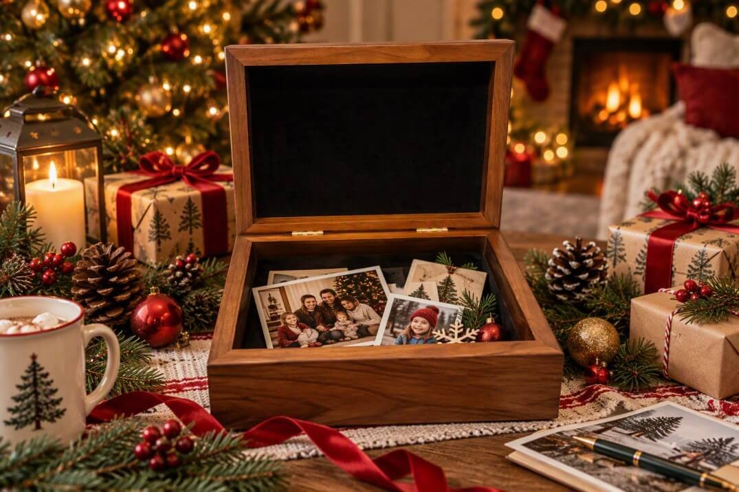 Personalized wooden keepsake box with engraved family names, a meaningful Christmas gift for families in 2026.