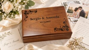 Personalized walnut wedding memory box with engraved names and wedding date, surrounded by wedding photos and keepsakes.