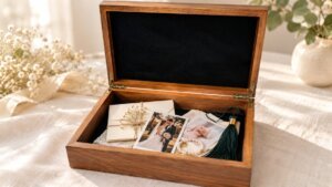 Open personalized walnut wooden keepsake box filled with wedding photos, a baby photograph, a handwritten letter, and treasured mementos.