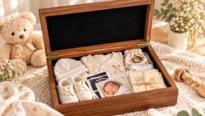 Open walnut baby memory box with black velvet lining filled with newborn keepsakes, baby clothes, booties, hospital bracelet, ultrasound photos, and handwritten cards.