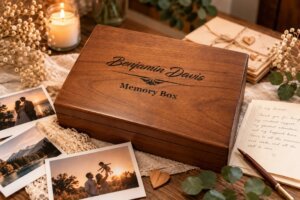 Personalized walnut memory box with engraved design and cherished keepsakes