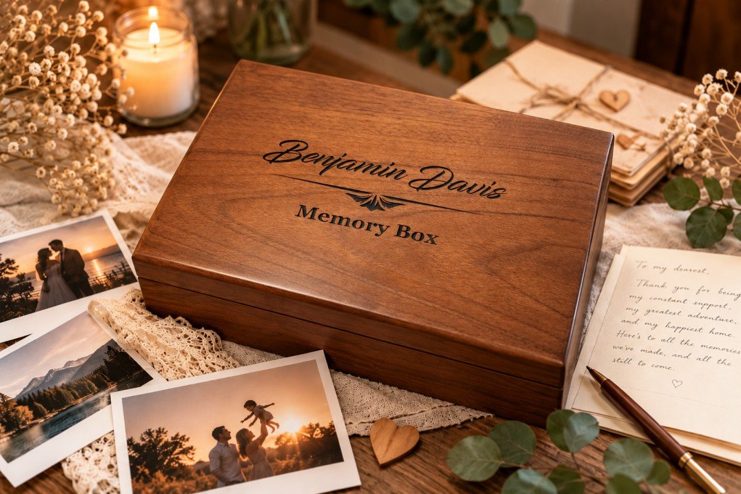 Personalized walnut memory box with engraved design and cherished keepsakes