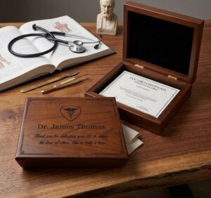 Wooden doctor keepsake box interior for storing retirement memories and mementos