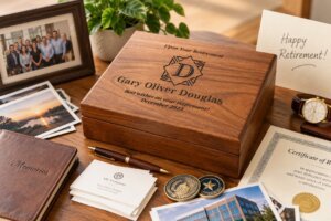 Personalized walnut retirement keepsake box with photos, retirement card, career memorabilia, and meaningful mementos