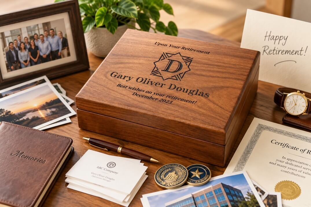 Personalized walnut retirement keepsake box with photos, retirement card, career memorabilia, and meaningful mementos